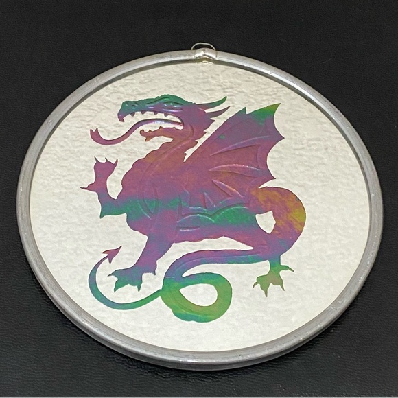Vintage Handmade Dragon Foiled Mirrored Art Glass 6” Suncatcher Hanging Decor - Picture 2 of 11